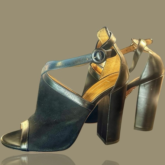 Aquazzura Black Leather ‘Issa’ Chunky Heel Peep-Toe Sandals Size 8.5 - Picture 1 of 14